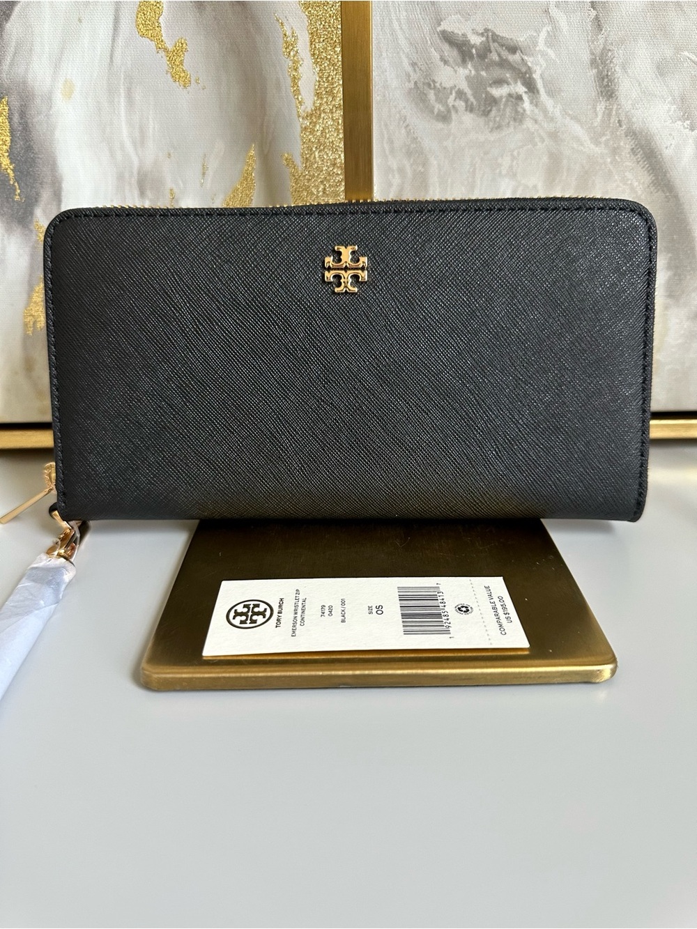 NWT Tory Burch Black Saffiano Zip-Around Wallet with Gold Logo